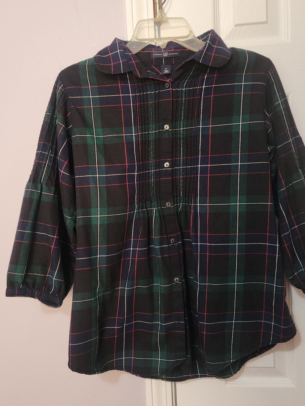 Ladies Black, Green & Blue Plaid Button-Front Blouse